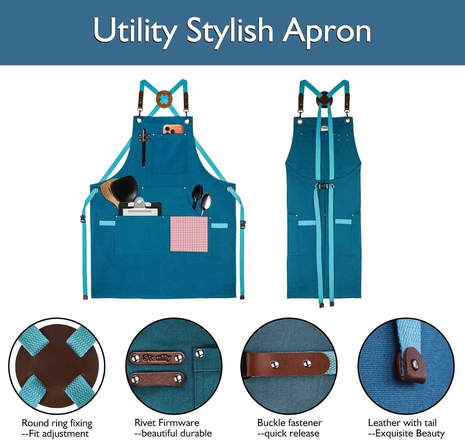 10 Pack Kitchen Aprons, Work Apron, Canvas, Multiple Pockets, Gardening, Painting, BBQ, Artist, Carpenter, Sizes M to XXL, Blue