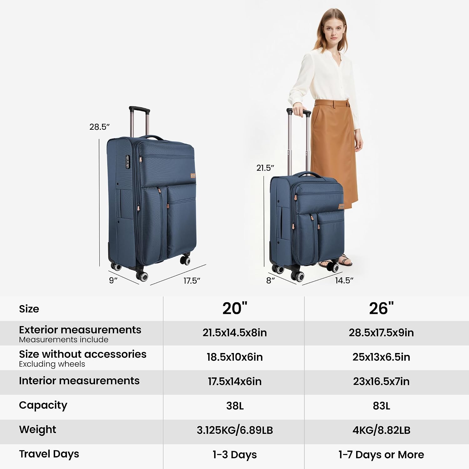 2-Piece Set Soft Shell Luggage w/Front Opening,Softside Luggage Sets w/Double Spinner Wheels &TSA LOCK,Expandable 20%,Lightweight Trolley Case,Luggage Rolling Suitcase for Men/Women（Navy,20in/26in）