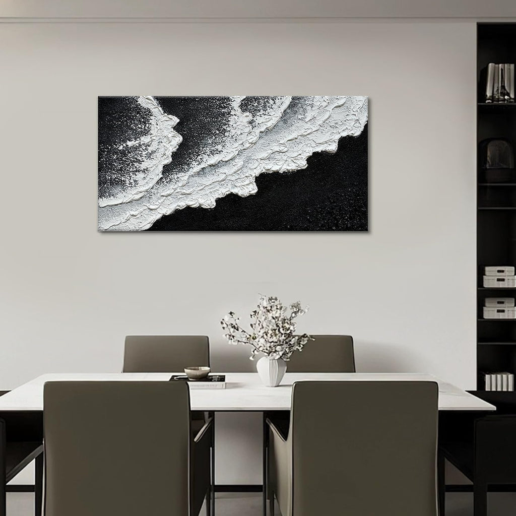 Black and White Beach Wave Textured Wall Art 3D Oil Painting Hand Painted Abstract Canvas Framed 48x24 Inch Acrylic Painting