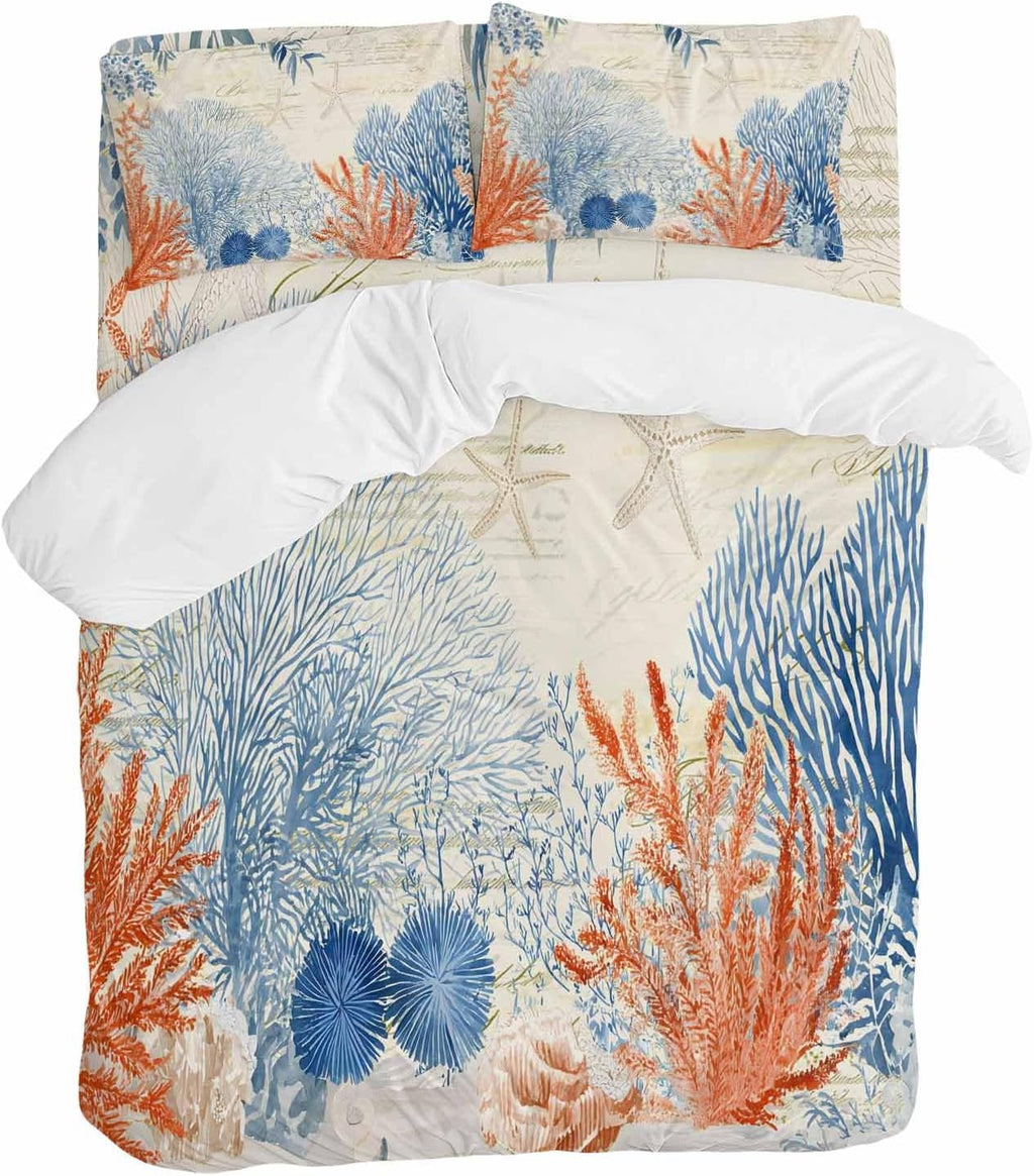 Prime Leader Ocean Corals Duvet Cover Set Queen Size 4 Pieces Summer Beach Coral Sea Stars Retro Texture Bedding Set with Zipper Closure, 1 Comforter Cover 86x86 Inches 1 Flat Sheet & 2 Pillow Cases