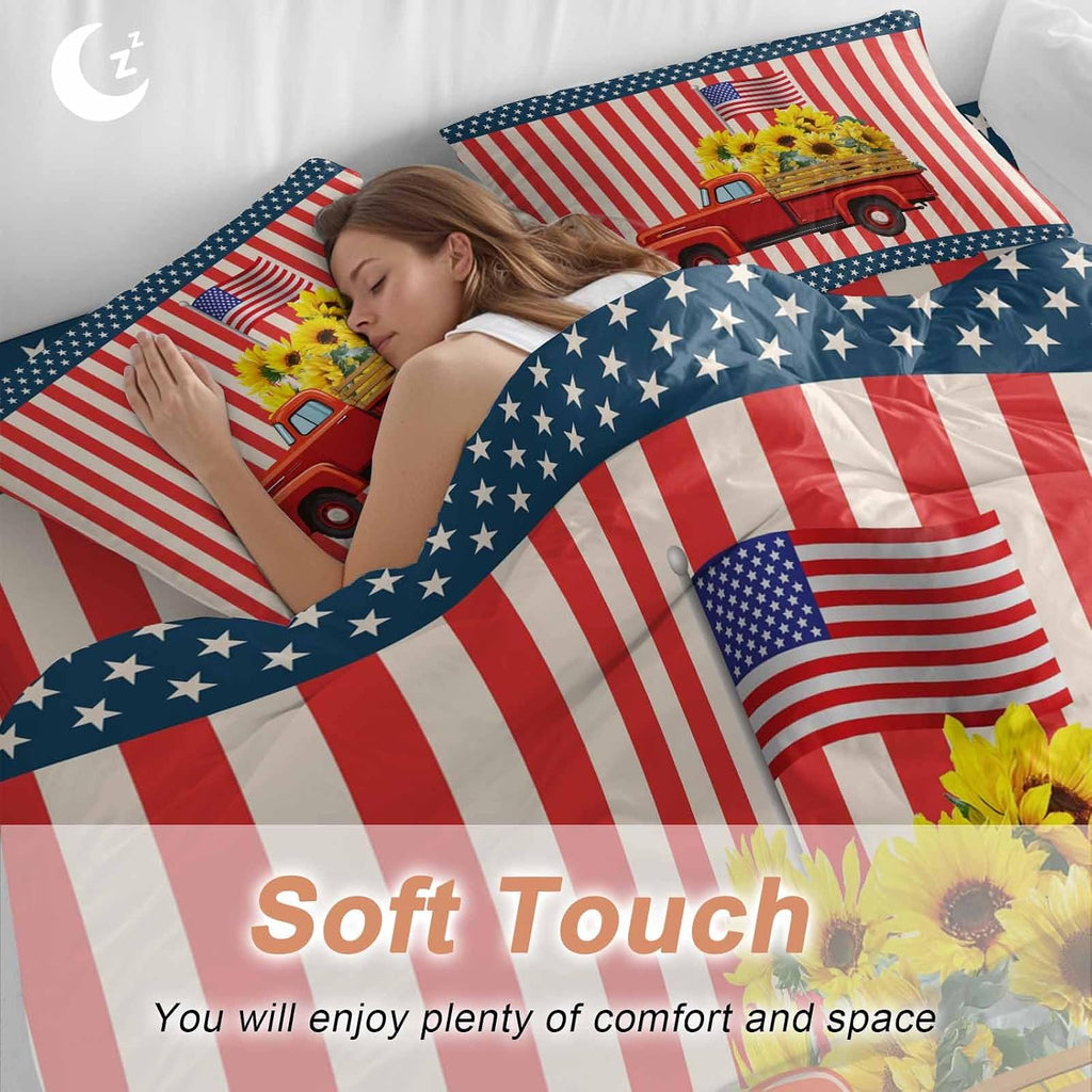 Independence Day Duvet Cover Set Queen Size 4 Pieces Five-Pointed Star U.S. Flag Themed Red Truck Sunflower Bedding Set with Zipper Closure,1 Comforter Cover 86x86 Inches 1 Flat Sheet & 2 Pillow Cases