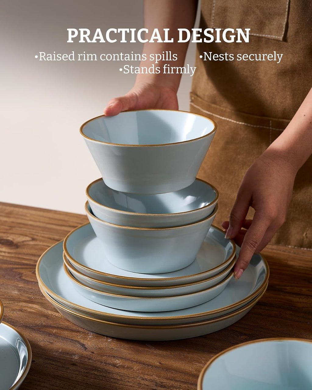 Famiware Saturn Stoneware Dinnerware Sets for 8 (24 Pieces), Ceramic Plates and Bowls Dish Sets with Hand-Painted Trim - Chip & Scratch Resistant, Microwave & Dishwasher Safe Tableware, Light Blue