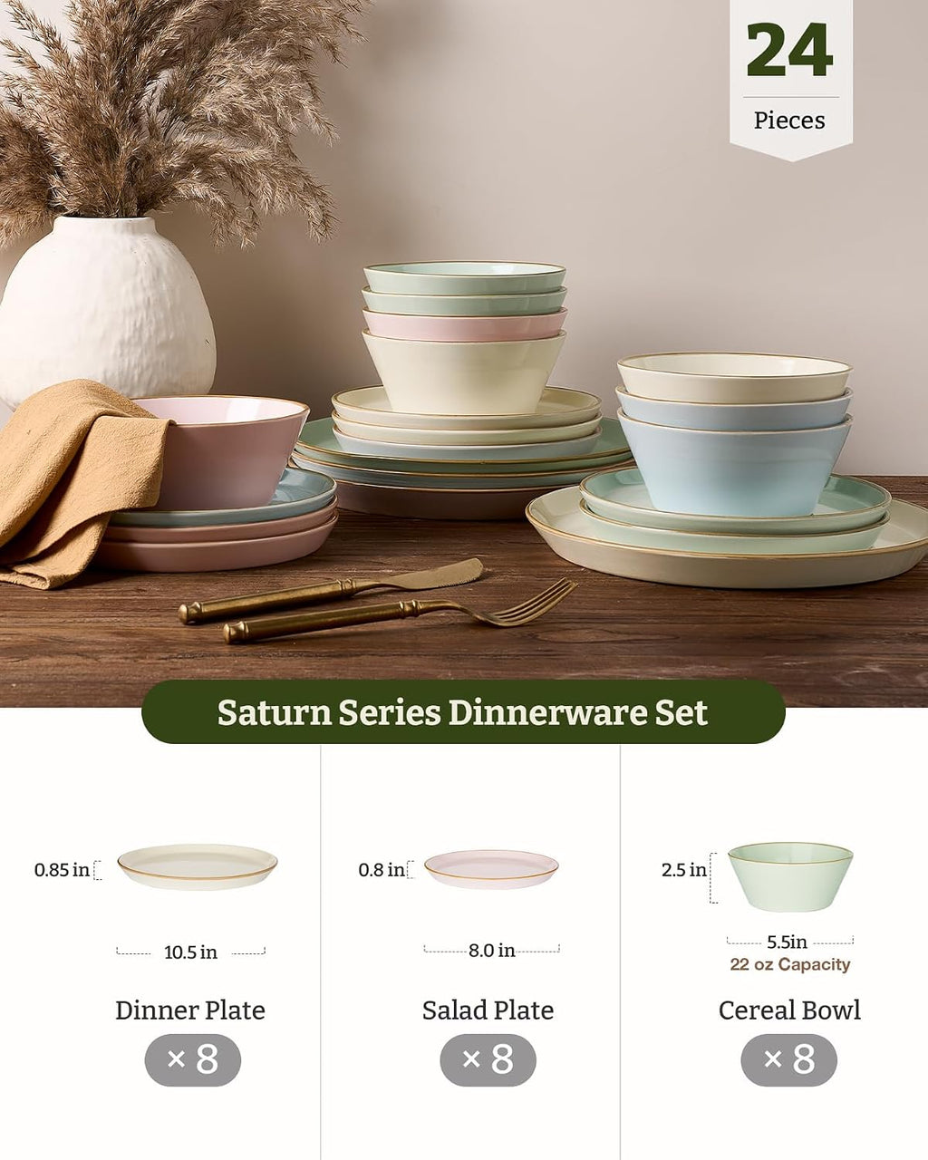 Famiware Saturn Stoneware Dinnerware Sets for 8 (24 Pieces), Ceramic Plates and Bowls Dish Sets with Hand-Painted Trim - Chip & Scratch Resistant, Microwave & Dishwasher Safe Tableware, Multi-color