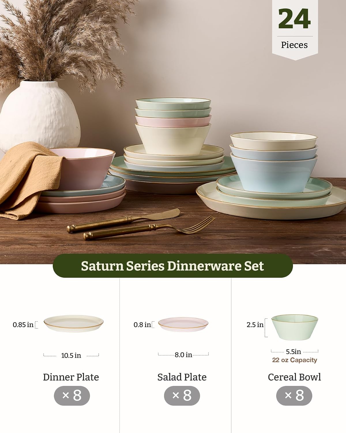 Famiware Saturn Stoneware Dinnerware Sets for 8 (24 Pieces), Ceramic Plates and Bowls Dish Sets with Hand-Painted Trim - Chip & Scratch Resistant, Microwave & Dishwasher Safe Tableware, Multi-color