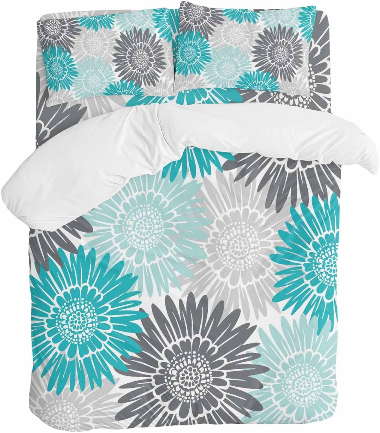 Turquoise Gray Sunflowers Duvet Cover Set Queen Size 4 Pieces Abstract Blooming Floral Rustic Bedding Set with Zipper Closure, 1 Comforter Cover 86x86 Inches 1 Flat Sheet & 2 Pillow Cases