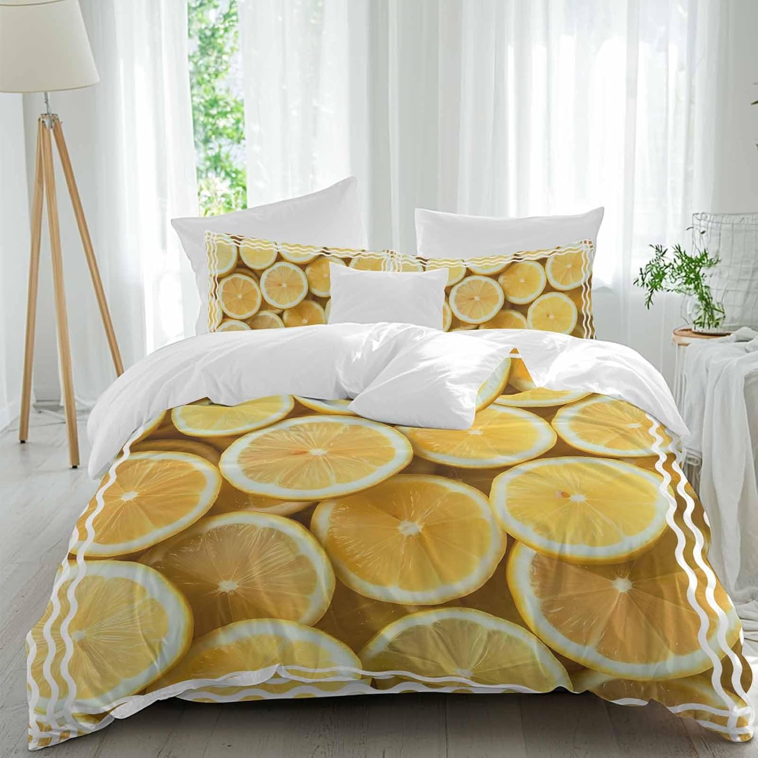 Yellow Lemon Duvet Cover Set Queen Size 4 Pieces Retro Country Watercolor Fruit Farmhouse Stripes Bedding Set with Zipper Closure, 1 Comforter Cover 92x106 Inches 1 Flat Sheet & 2 Pillow Cases