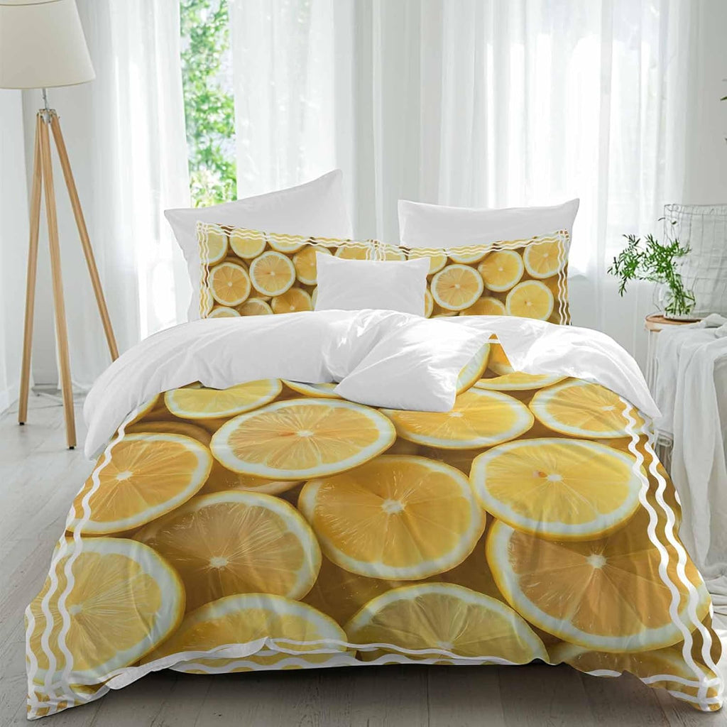 Yellow Lemon Duvet Cover Set Queen Size 4 Pieces Retro Country Watercolor Fruit Farmhouse Stripes Bedding Set with Zipper Closure, 1 Comforter Cover 86x86 Inches 1 Flat Sheet & 2 Pillow Cases