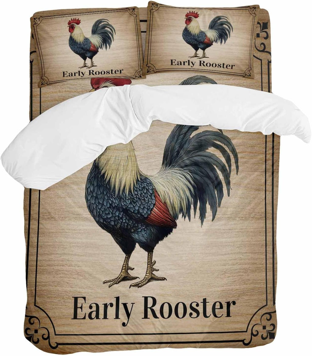 Prime Leader Farmhouse Duvet Cover Set Queen Size 4 Pieces Early Rooster Animals Wood Grain Retro Border Bedding Set with Zipper Closure, 1 Comforter Cover 86x86 Inches 1 Flat Sheet & 2 Pillow Cases