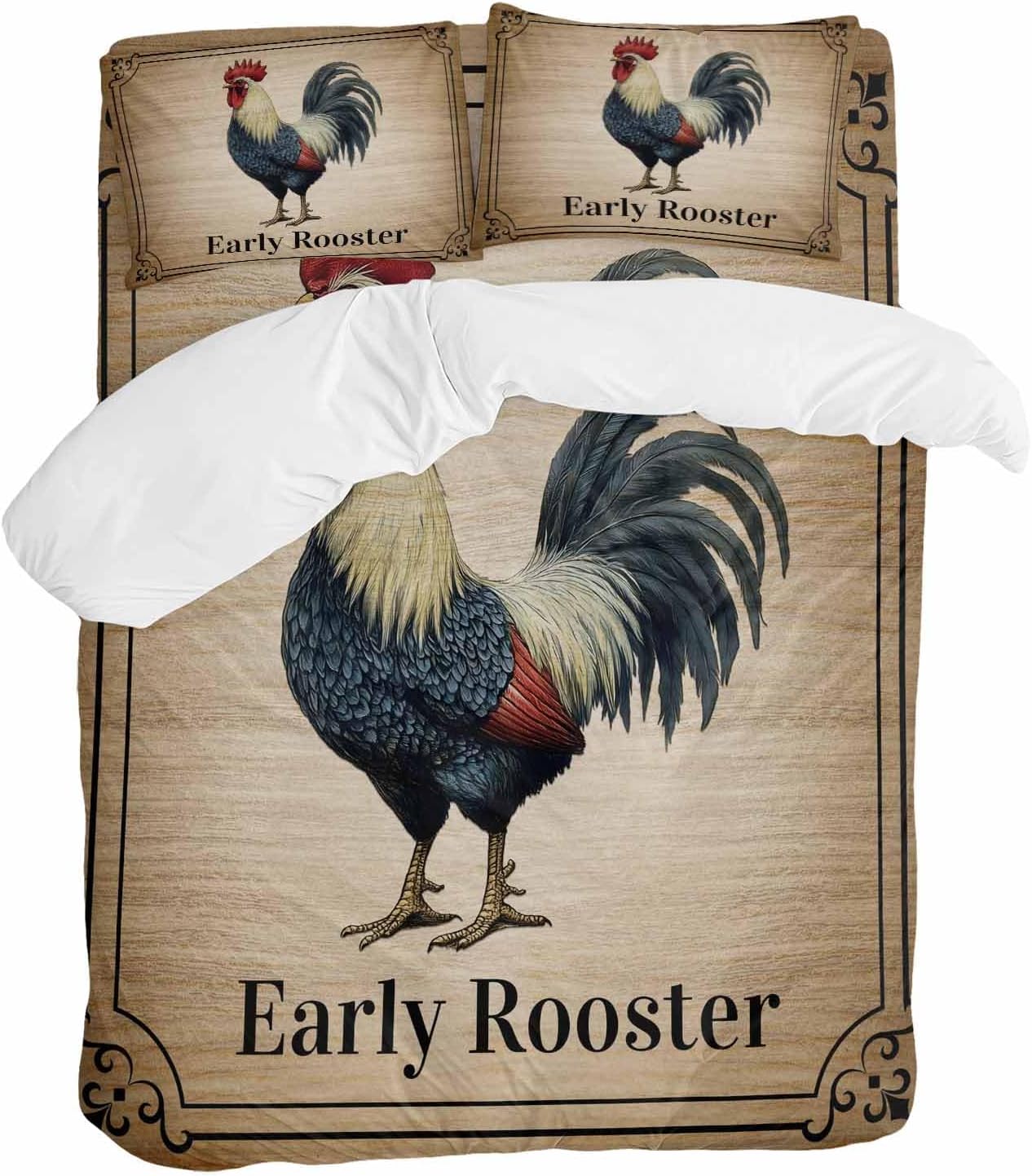 Prime Leader Farmhouse Duvet Cover Set Queen Size 4 Pieces Early Rooster Animals Wood Grain Retro Border Bedding Set with Zipper Closure, 1 Comforter Cover 86x86 Inches 1 Flat Sheet & 2 Pillow Cases
