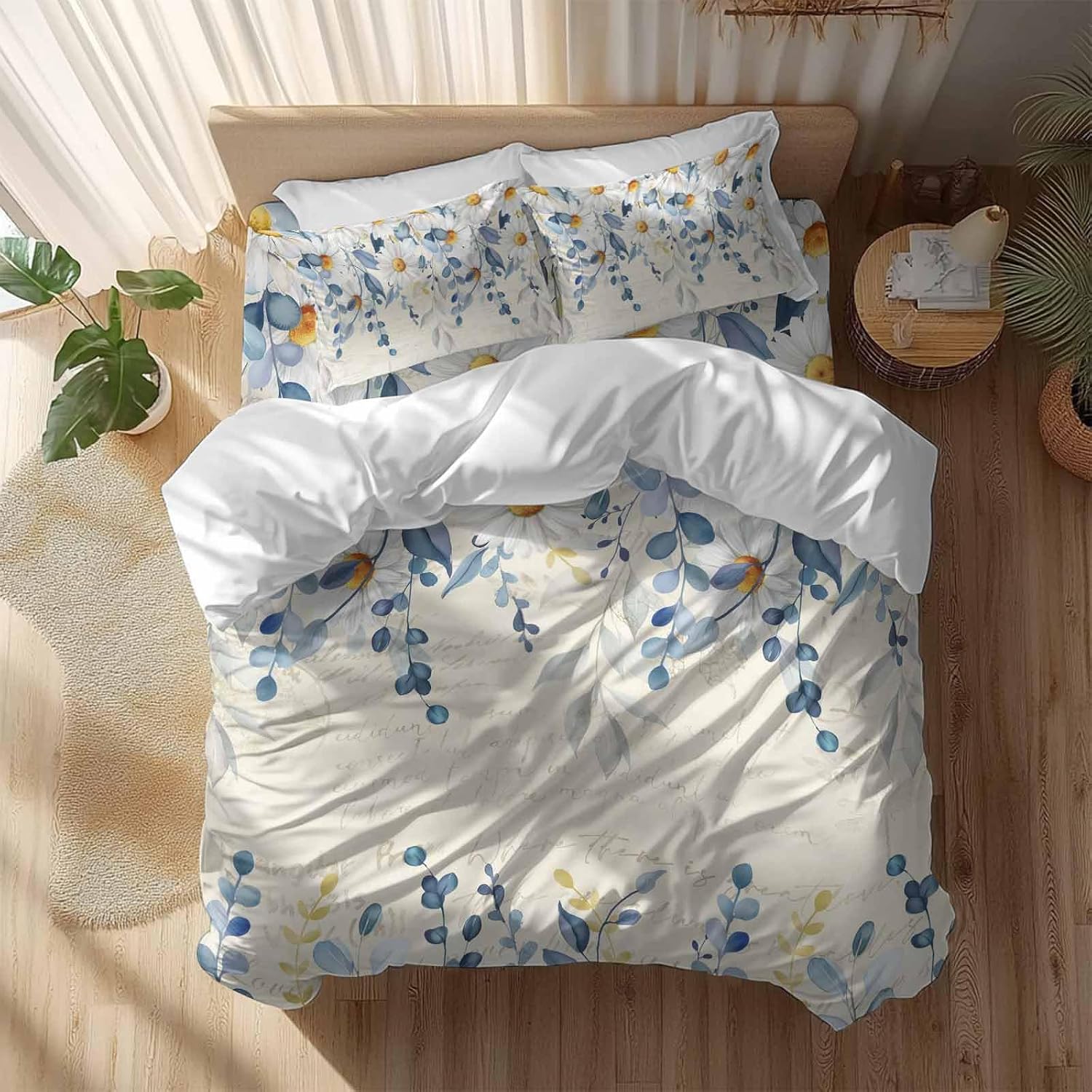 Spring Eucalyptus Leaves Duvet Cover Set Queen Size 4 Pieces Country Vintage Blue Leaf White Daisy Bedding Set with Zipper Closure, 1 Comforter Cover 90x92 Inches 1 Flat Sheet & 2 Pillow Cases