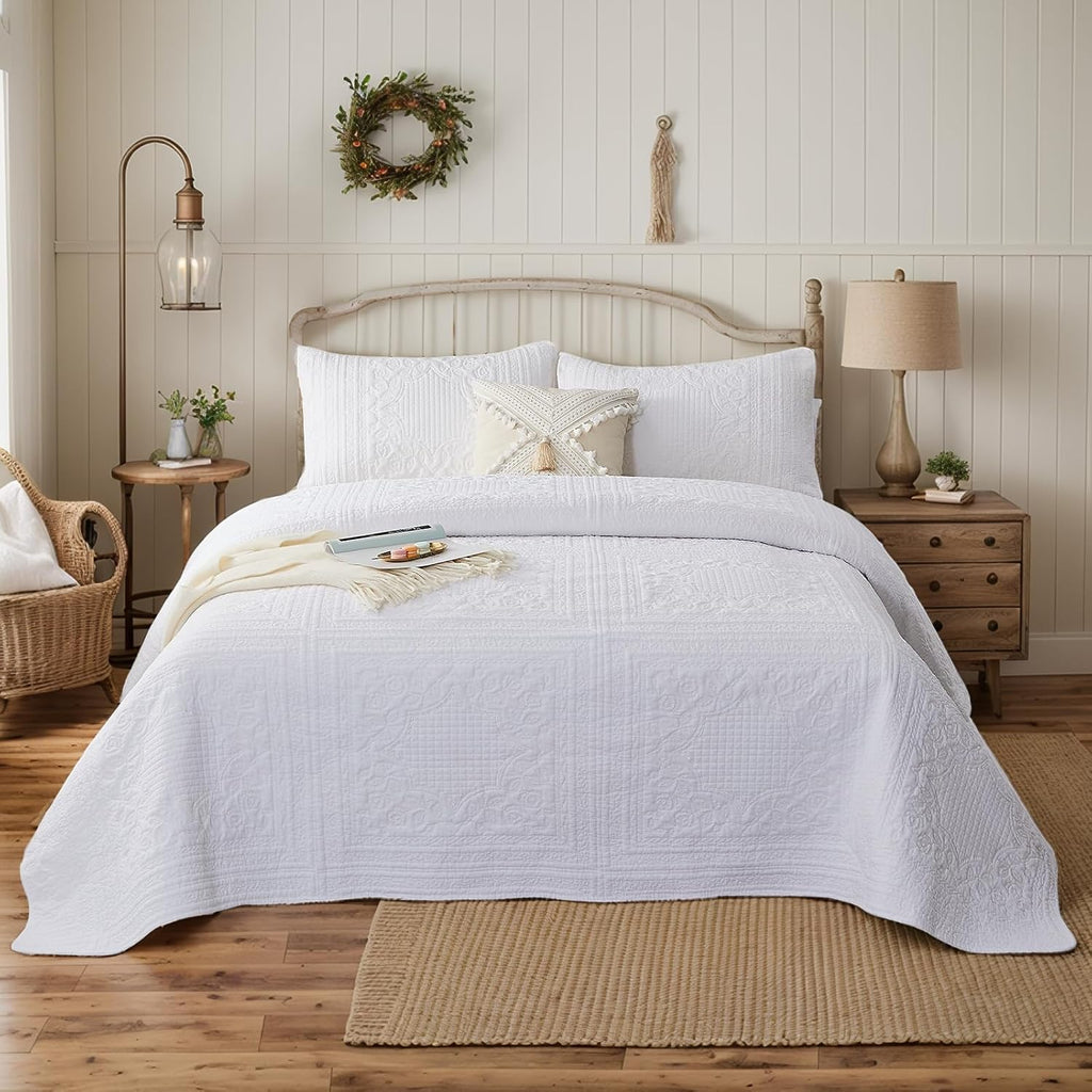 Brandream White Quilt King Size Cotton Matelasse Coverlet Set Farmhouse Quilts 3-Piece