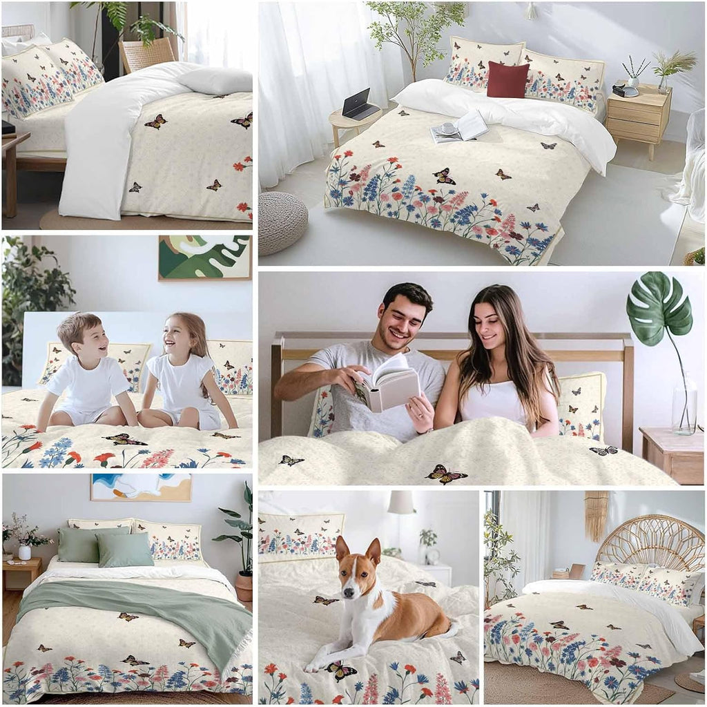 Spring Florals Duvet Cover Set Queen Size 4 Pieces Vintage Pink Blue Flower Butterflies Plants Bedding Set with Zipper Closure, 1 Comforter Cover 92x106 Inches 1 Flat Sheet & 2 Pillow Cases