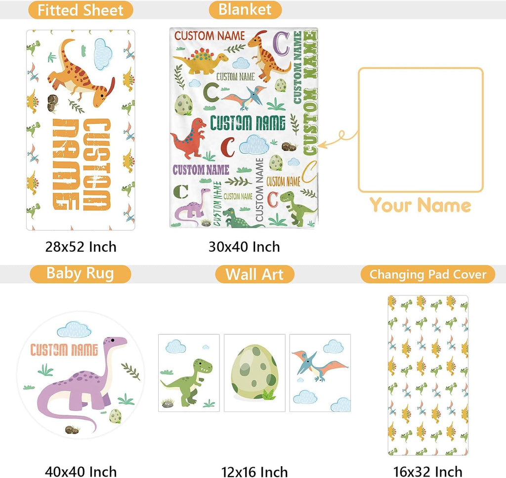 Terwex Personalized Baby Bedding Set, 5 Pcs Custom Baby Crib Sets with Name, Dino Toddler Bedding Set for Baby Boys Girls, Double Layer Flannel Nursery Bedding Set, Customized Gifts for Kids Infants