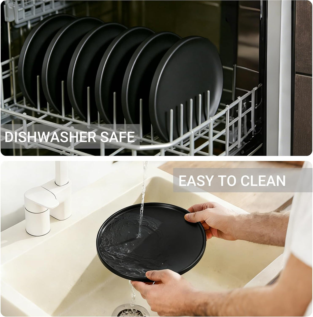GZG Classic Series - Plates and Bowls Set for 6, 18 Piece Stoneware Dinnerware Sets, Microwave and Dishwasher Safe Lead-Free Handcrafted Ceramic Dishes Set - Matte Black