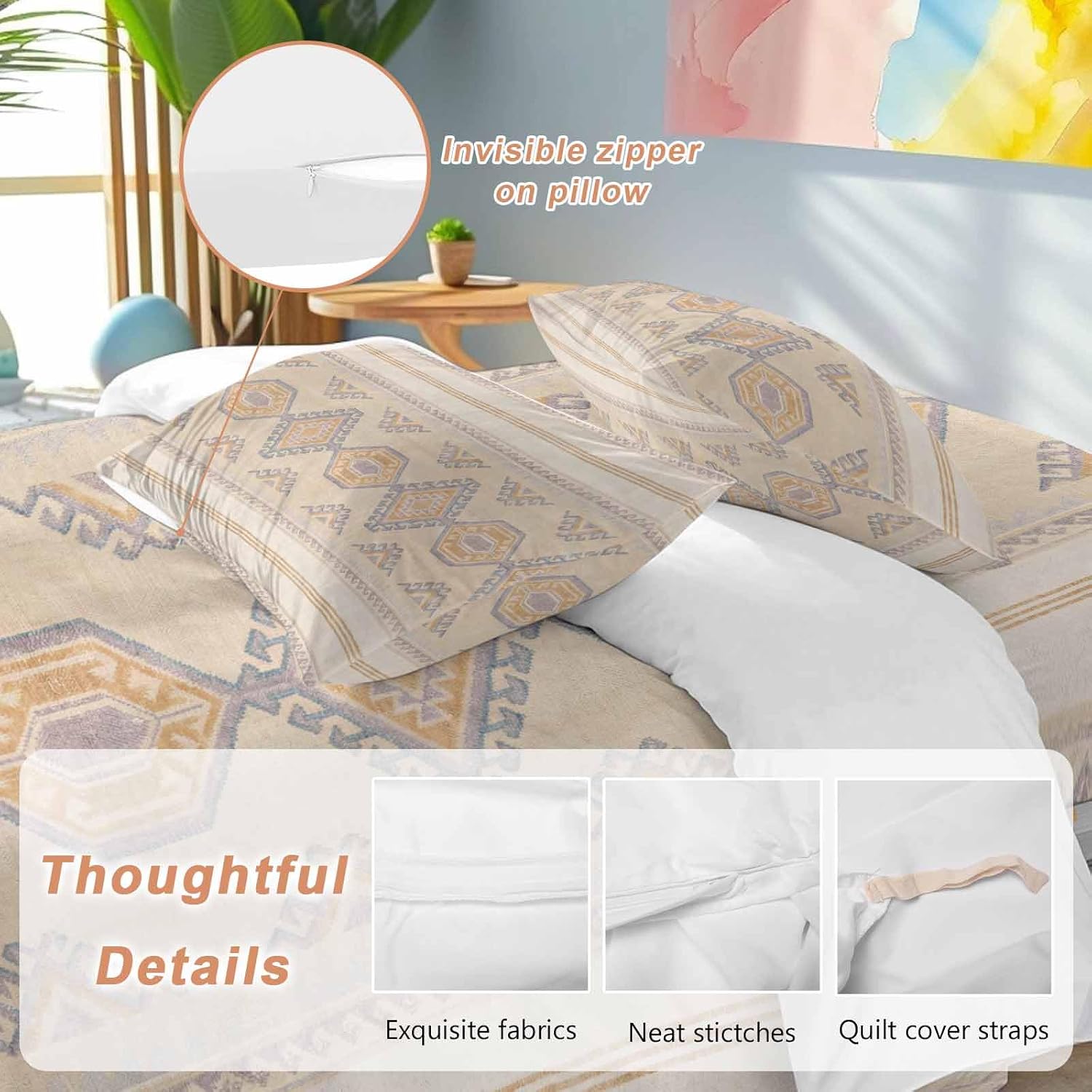 Bohemian Duvet Cover Set Queen Size 4 Pieces Traditional Ethic Pattern Colorful Stripes Geometric Bedding Set with Zipper Closure, 1 Comforter Cover 92x106 Inches 1 Flat Sheet & 2 Pillow Cases