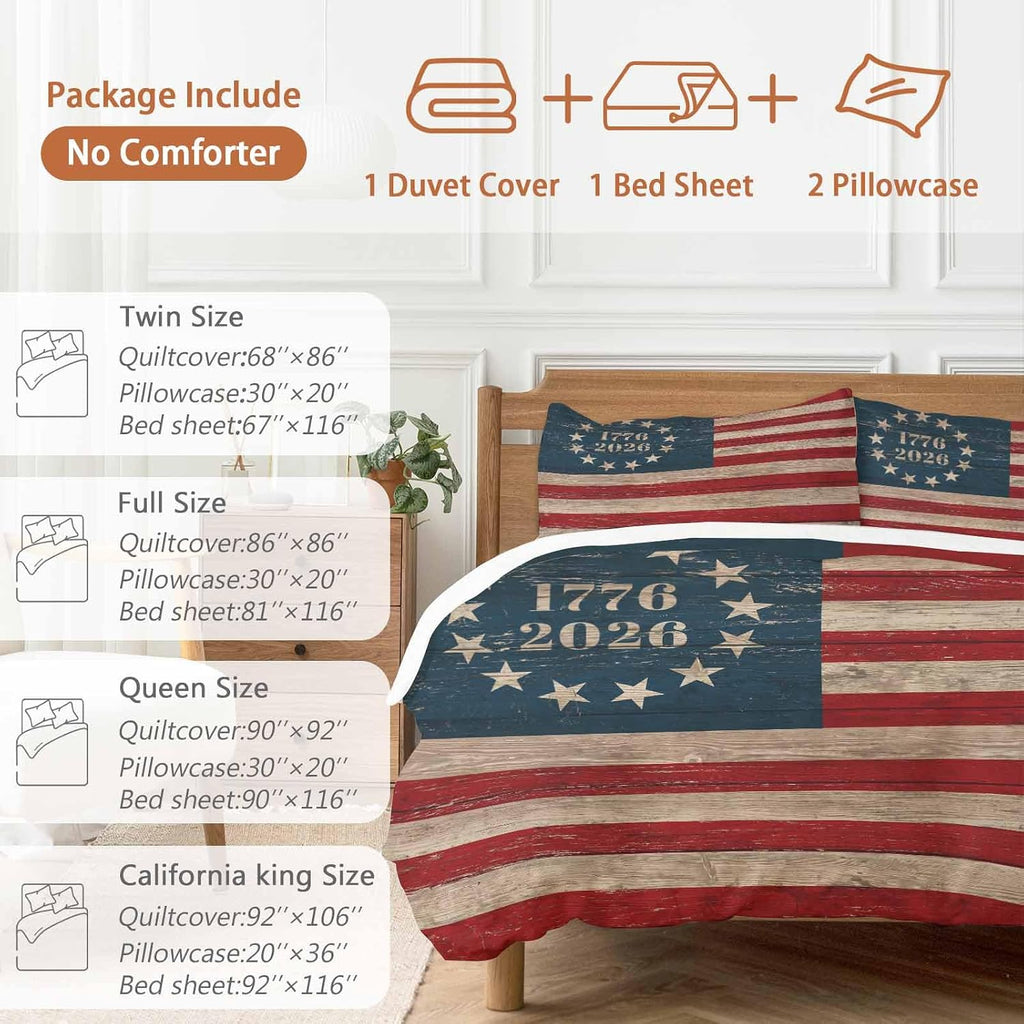 Independence Day Duvet Cover Set Queen Size 4 Pieces Retro American Flag Patriotic Red Blue Stripe Star Bedding Set with Zipper Closure, 1 Comforter Cover 86x86 Inches 1 Flat Sheet & 2 Pillow Cases
