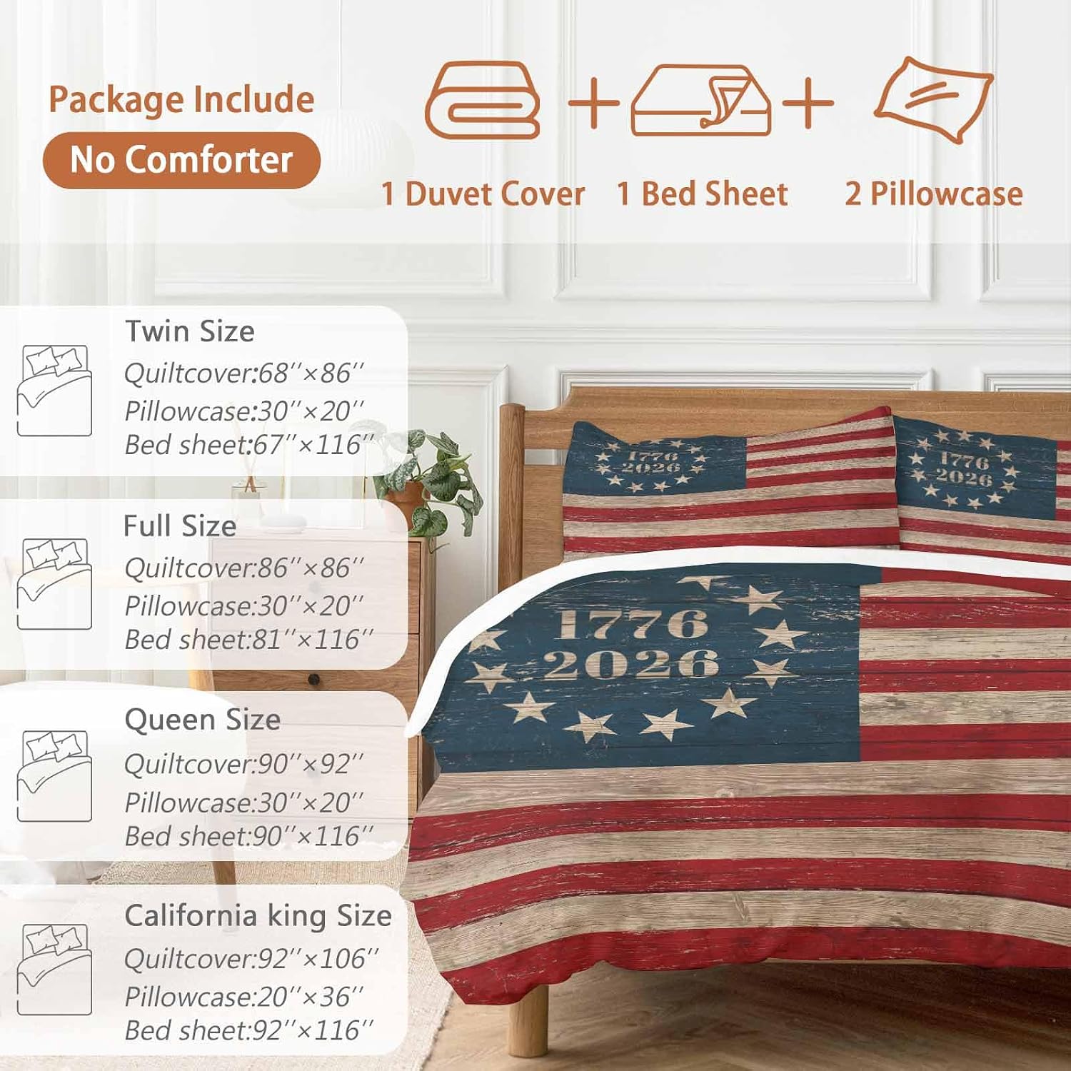 Independence Day Duvet Cover Set Queen Size 4 Pieces Retro American Flag Patriotic Red Blue Stripe Star Bedding Set with Zipper Closure, 1 Comforter Cover 86x86 Inches 1 Flat Sheet & 2 Pillow Cases