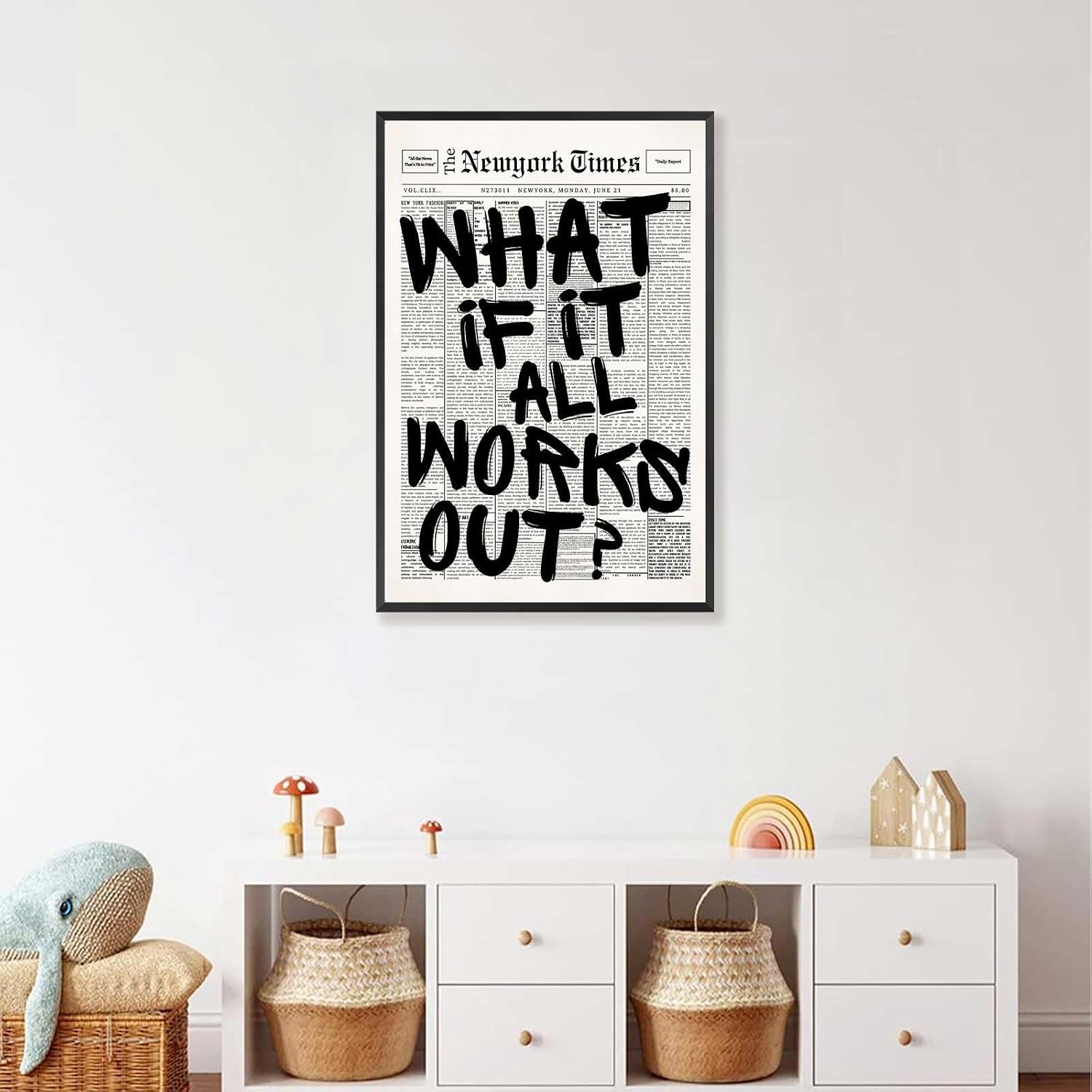 Retro Black And White Newspaper Poster What If It All Works Out Canvas Wall Art Positive Affirming Quote Minimalist Prints Painting For Home Bedroom Dorm Wall Decor 24x36in Framed