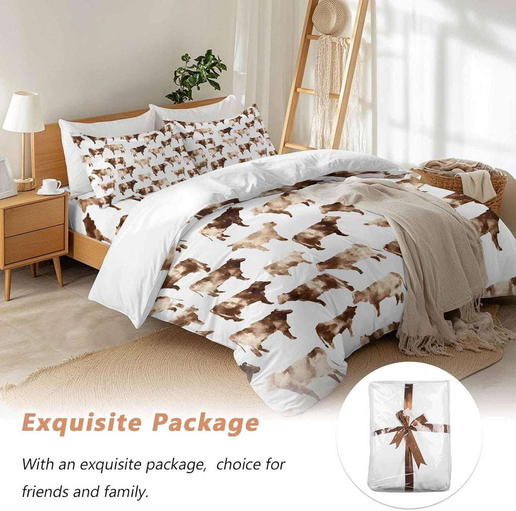 Prime Leader Farmhouse Cow Duvet Cover Set Queen Size 4 Pieces Watercolors Beige Brown Rustic Farm Animal Bedding Set with Zipper Closure, 1 Comforter Cover 86x86 Inches 1 Flat Sheet & 2 Pillow Cases