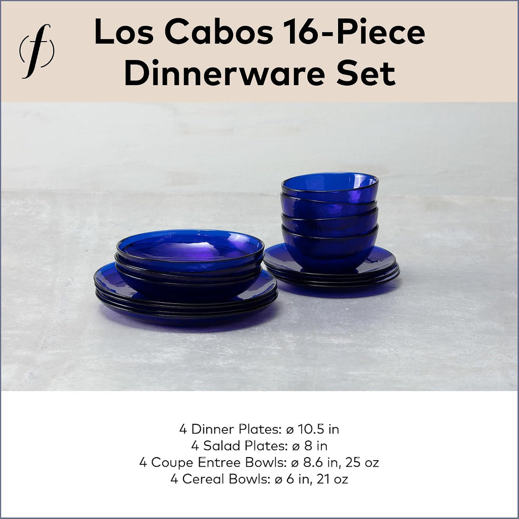 FORTESSA Los Cabos Tableware, 16-Piece Glass Dinnerware Set with 4 Dinner Plates, 4 Salad Plates, 4 Coupe Bowls and 4 Cereal Bowls, Dishwasher-Safe Glass Plate Set, Cobalt Blue