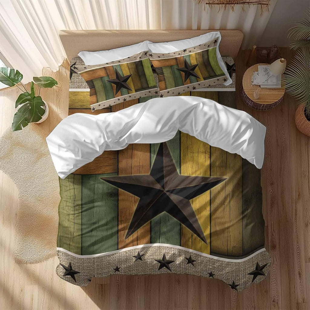 Texas Star Duvet Cover Set Queen Size 4 Pieces Retro Chic Western Texas Star Pattern Wooden Grain Bedding Set with Zipper Closure, 1 Comforter Cover 86x86 Inches 1 Flat Sheet & 2 Pillow Cases