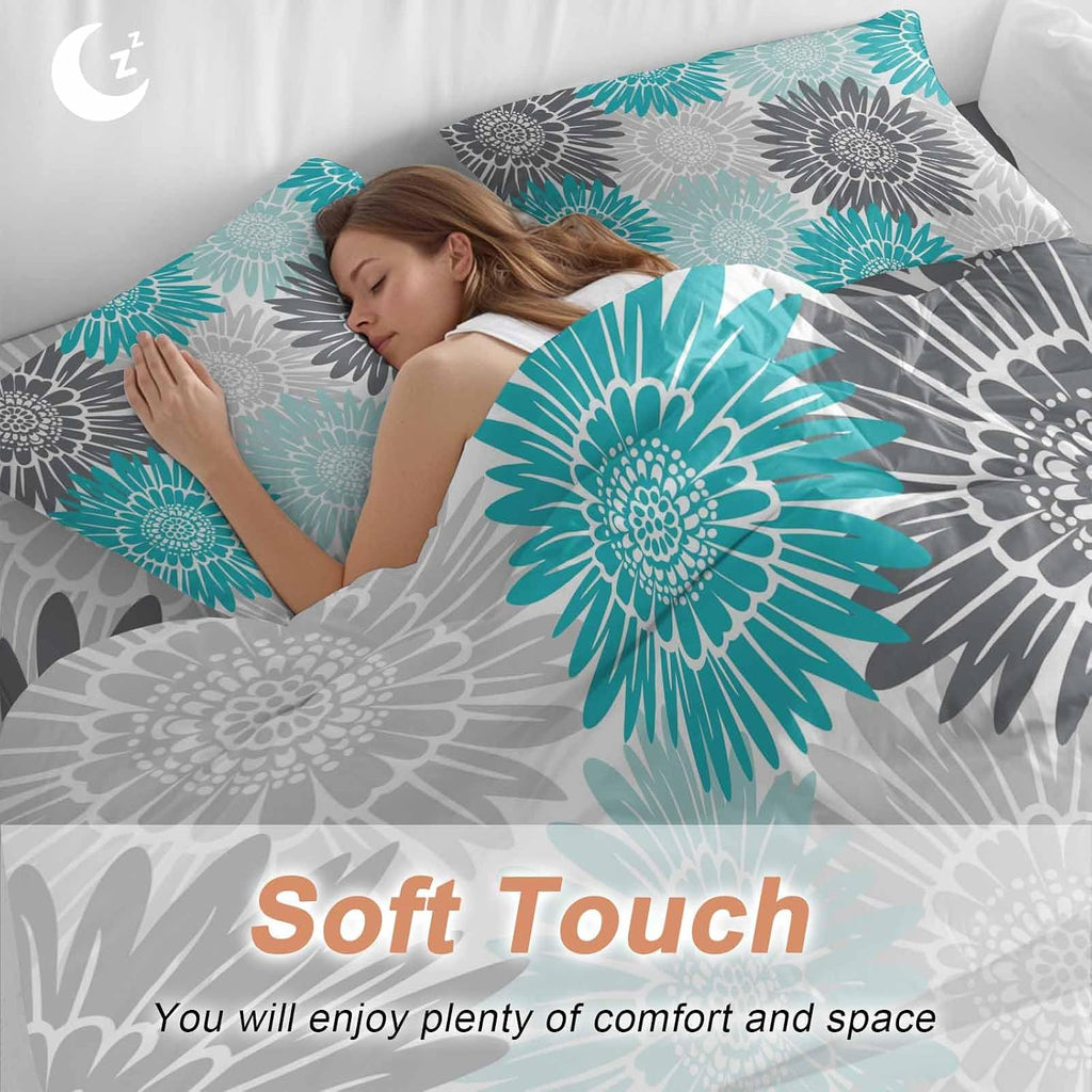 Turquoise Gray Sunflowers Duvet Cover Set Queen Size 4 Pieces Abstract Blooming Floral Rustic Bedding Set with Zipper Closure, 1 Comforter Cover 86x86 Inches 1 Flat Sheet & 2 Pillow Cases