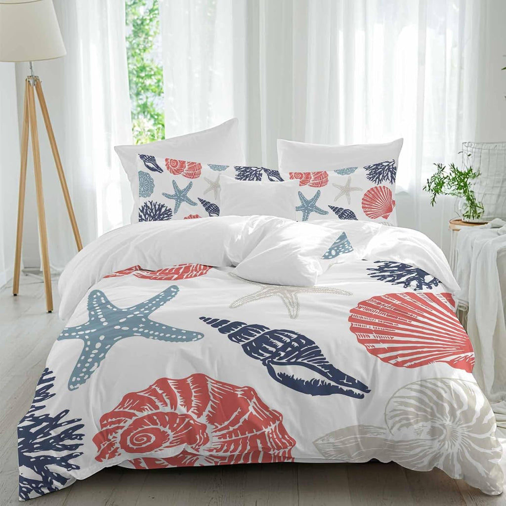 Summer Marine Life Duvet Cover Set Queen Size 4 Pieces Graffiti Red Corals Shell Conch Blue Starfish Bedding Set with Zipper Closure, 1 Comforter Cover 90x92 Inches 1 Flat Sheet & 2 Pillow Cases