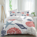 Summer Marine Life Duvet Cover Set Queen Size 4 Pieces Graffiti Red Corals Shell Conch Blue Starfish Bedding Set with Zipper Closure, 1 Comforter Cover 90x92 Inches 1 Flat Sheet & 2 Pillow Cases