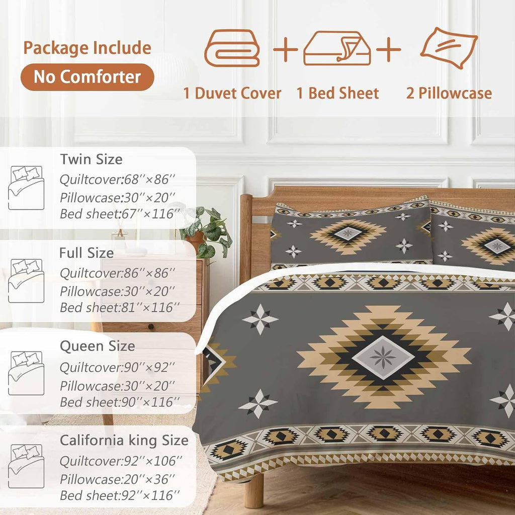 Prime Leader Grey Tribal Geometric Duvet Cover Set Queen Size 4 Pieces Vintage Boho Native Abstract Bedding Set with Zipper Closure, 1 Comforter Cover 90x92 Inches 1 Flat Sheet & 2 Pillow Cases