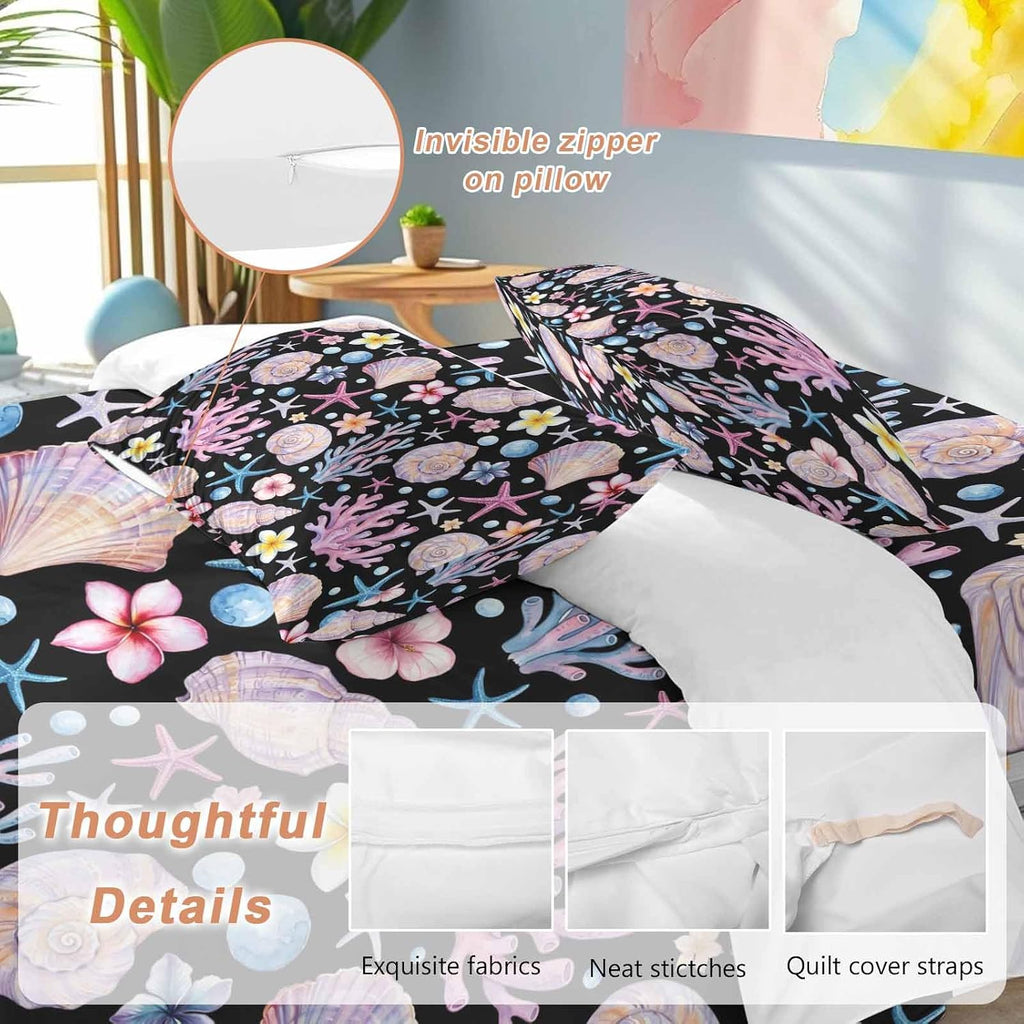 Summer Beach Duvet Cover Set Queen Size 4 Pieces Ocean Starfish Shell Coastal Conch Coral Flowers Black Bedding Set with Zipper Closure, 1 Comforter Cover 90x92 Inches 1 Flat Sheet & 2 Pillow Cases