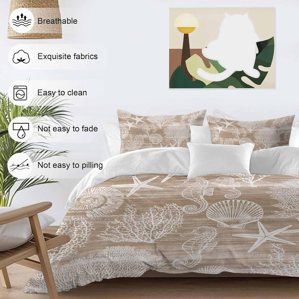 Prime Leader Brown Coastal Duvet Cover Set Queen Size 4 Pieces Nautical Starfish Seahorse Coral Summer Bedding Set with Zipper Closure, 1 Comforter Cover 90x92 Inches 1 Flat Sheet & 2 Pillow Cases