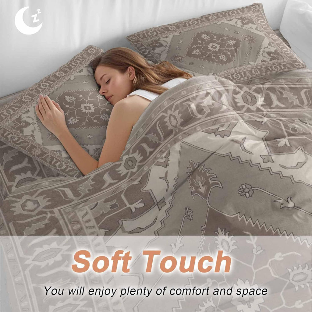 Ethnic Art Boho Duvet Cover Set Queen Size 4 Pieces Abstract Geometric Brown Flower Pattern Retro Border Bedding Set with Zipper Closure, 1 Comforter Cover 90x92 Inches 1 Flat Sheet & 2 Pillow Cases