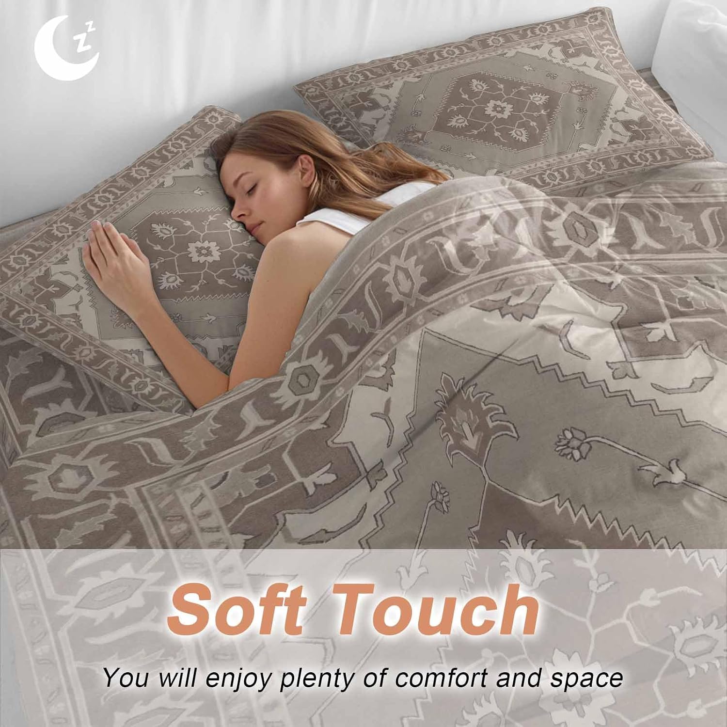 Ethnic Art Boho Duvet Cover Set Queen Size 4 Pieces Abstract Geometric Brown Flower Pattern Retro Border Bedding Set with Zipper Closure, 1 Comforter Cover 90x92 Inches 1 Flat Sheet & 2 Pillow Cases