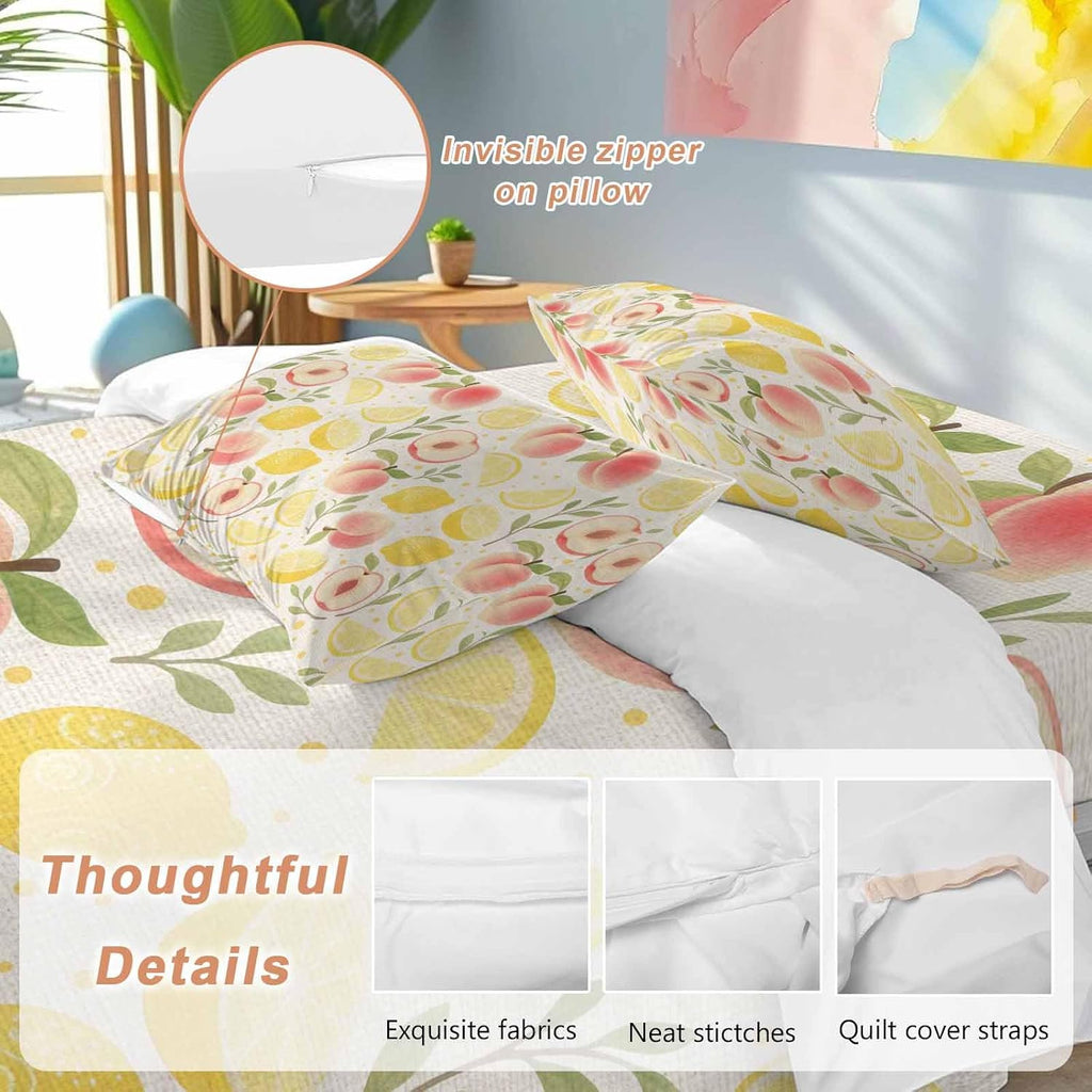 Prime Leader Fruit Leaves Duvet Cover Set Queen Size 4 Pieces Pink Peaches Yellow Lemons Vintage Linen Bedding Set with Zipper Closure, 1 Comforter Cover 90x92 Inches 1 Flat Sheet & 2 Pillow Cases
