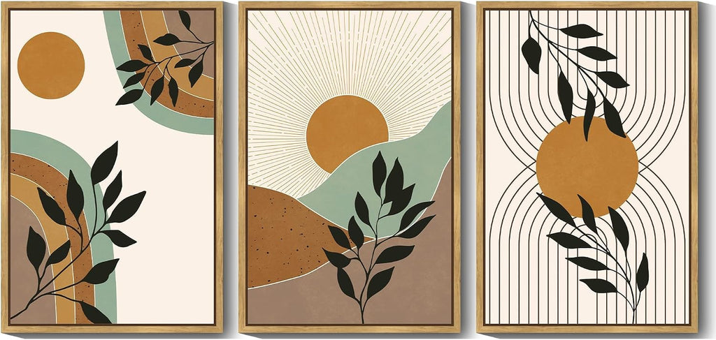 PHOPAGO Boho Wall Art Sage Plant Botanical Framed Wall Printing Large 24x36in Minimalist Bohemain Abstract Canvas Prints with Leaf & Sun Lines - Natural Framed