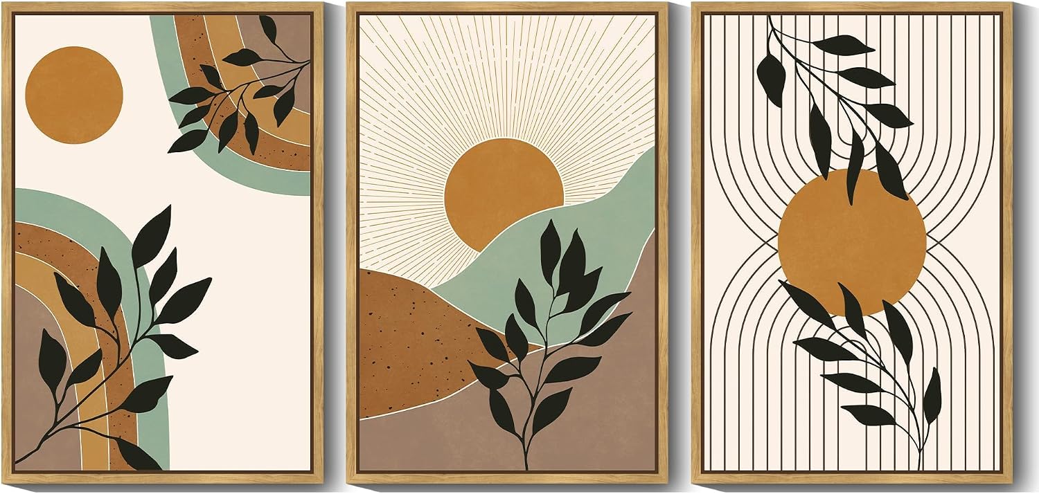 PHOPAGO Boho Wall Art Sage Plant Botanical Framed Wall Printing Large 24x36in Minimalist Bohemain Abstract Canvas Prints with Leaf & Sun Lines - Natural Framed
