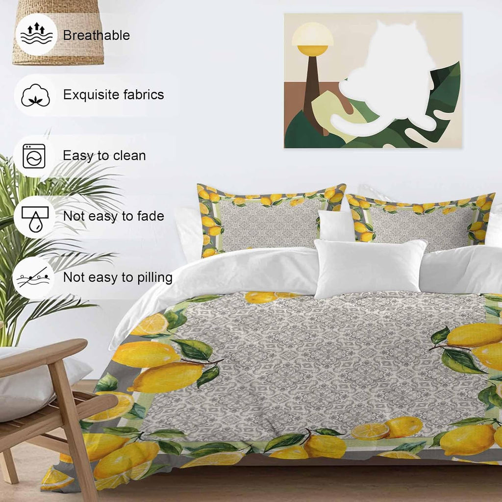 Yellow Lemon Duvet Cover Set Queen Size 4 Pieces Watercolor Fruit Farm Brown Flower Pattern Background Bedding Set with Zipper Closure, 1 Comforter Cover 86x86 Inches 1 Flat Sheet & 2 Pillow Cases