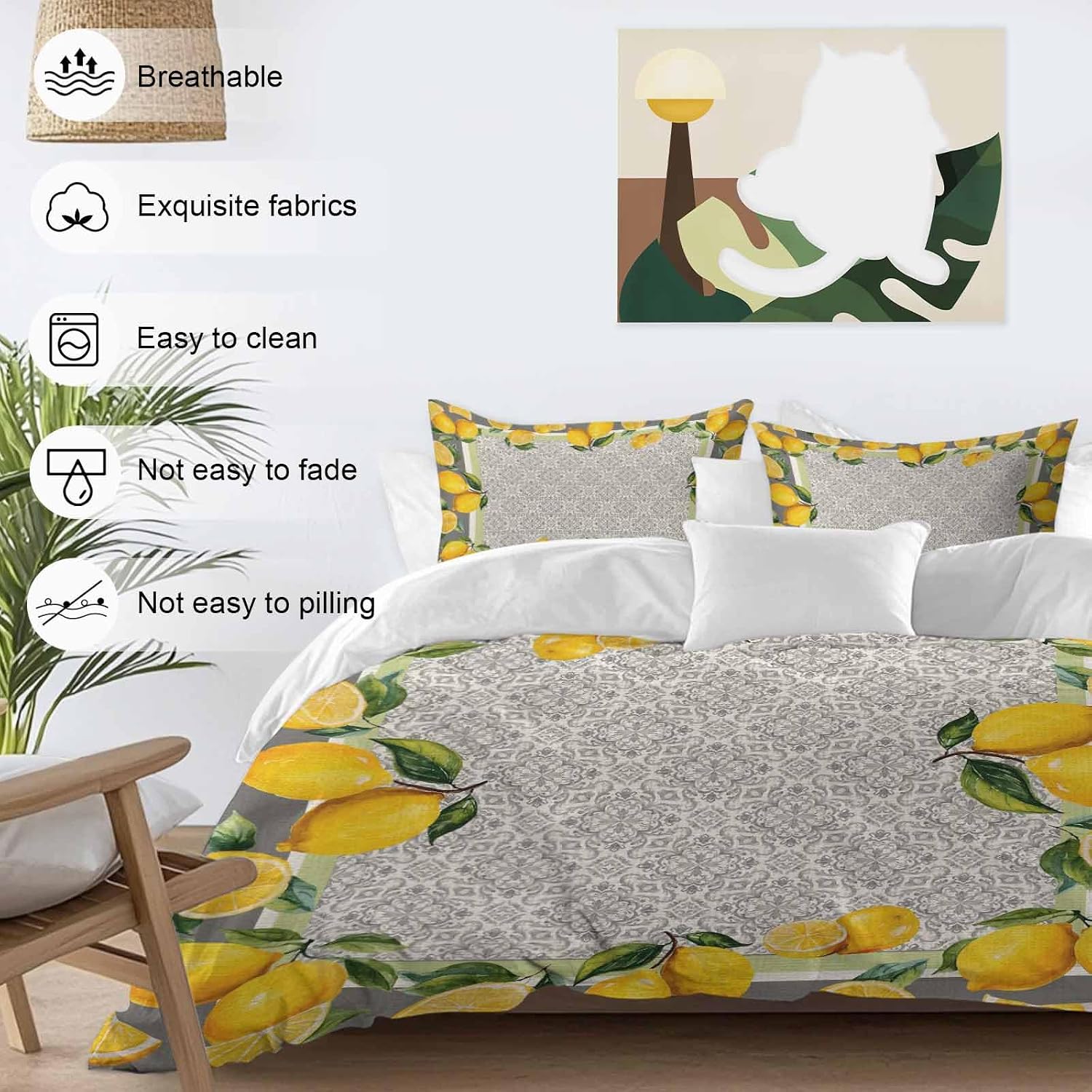 Yellow Lemon Duvet Cover Set Queen Size 4 Pieces Watercolor Fruit Farm Brown Flower Pattern Background Bedding Set with Zipper Closure, 1 Comforter Cover 86x86 Inches 1 Flat Sheet & 2 Pillow Cases