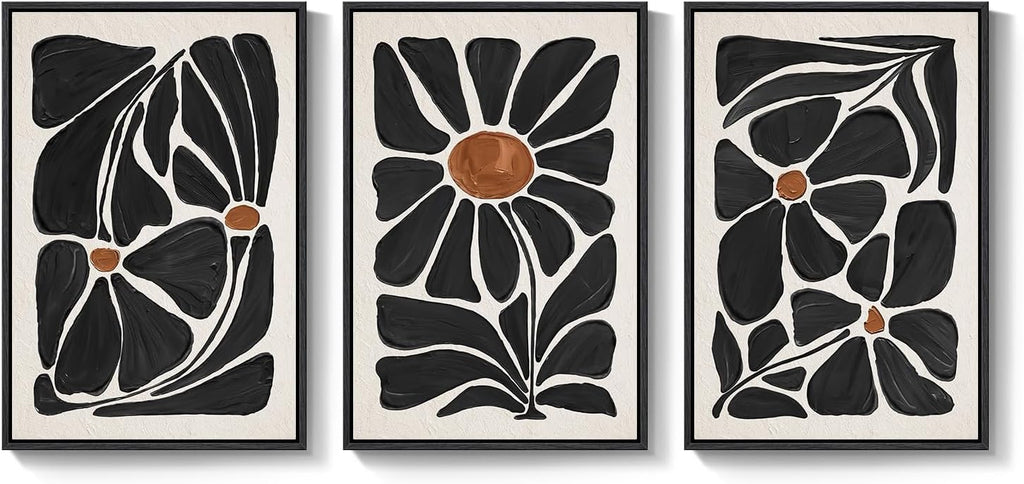 Large Framed Boho Floral Wall Art for Living Room, 3 Piece Mid-Century Modern Abstract Botanical Canvas Painting Prints Artwork for Walls, Black and White Flowers for Bedroom Hallway Office, 24x36