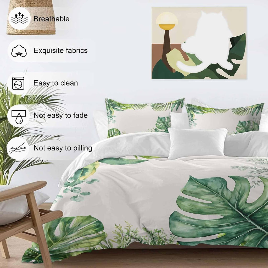 Tropical Leaf Duvet Cover Set Queen Size 4 Pieces Palms Monstera Leaves Green Plant Botanical Bedding Set with Zipper Closure, 1 Comforter Cover 90x92 Inches 1 Flat Sheet & 2 Pillow Cases