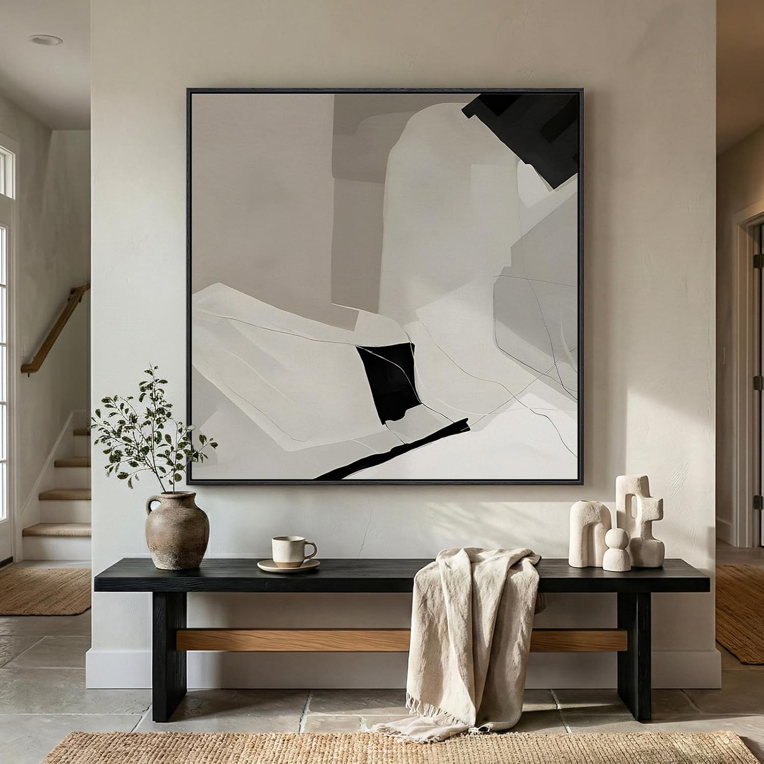 Extra Large Framed Black and White Abstract Wall Art for Living Room, Oversized Square Modern Canvas Prints Paintings, Neutral Minimalist Pictures for Hallway Dining Bedroom Office Wall Decor 40x40 In