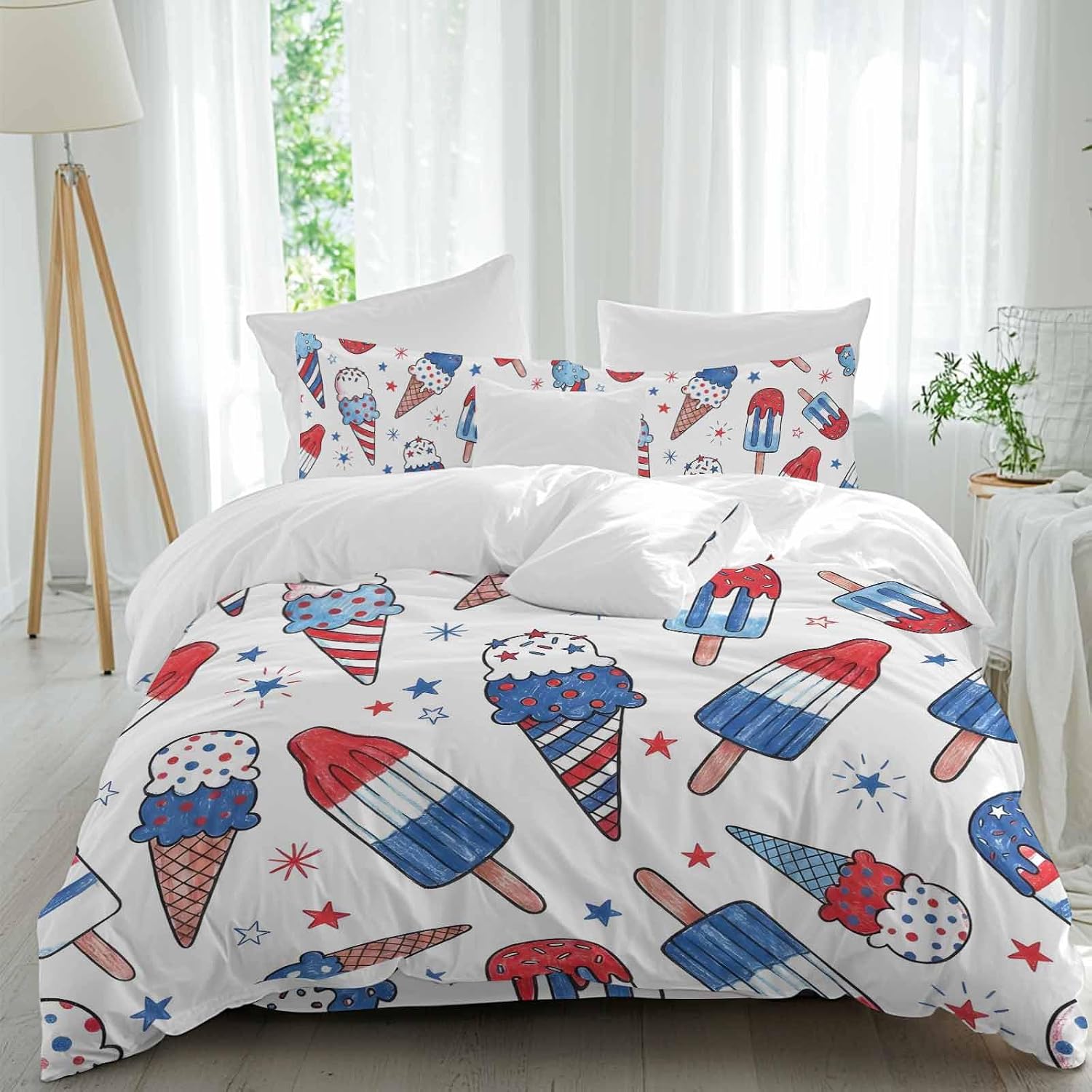 Prime Leader Red Blue Ice Cream Duvet Cover Set Queen Size 4 Pieces Independence Day Watercolor Ice Cream Bedding Set with Zipper Closure, 1 Comforter Cover 86x86 Inches 1 Flat Sheet & 2 Pillow Cases