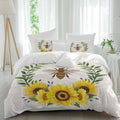 Retro Crown Bee Duvet Cover Set Queen Size 4 Pieces Country Sunflowers Green Leaves Wood Grain Bedding Set with Zipper Closure, 1 Comforter Cover 92x106 Inches 1 Flat Sheet & 2 Pillow Cases