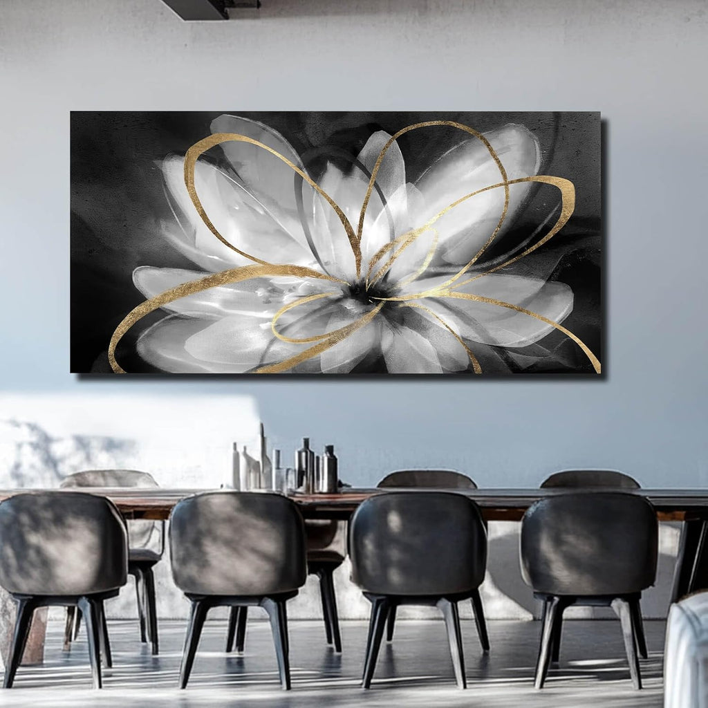 SOUGUAN Flower Large Artwork Gold Wall Decor White Canvas Paintings for Living Room Bedroom Kitchen Office 30'x 60'