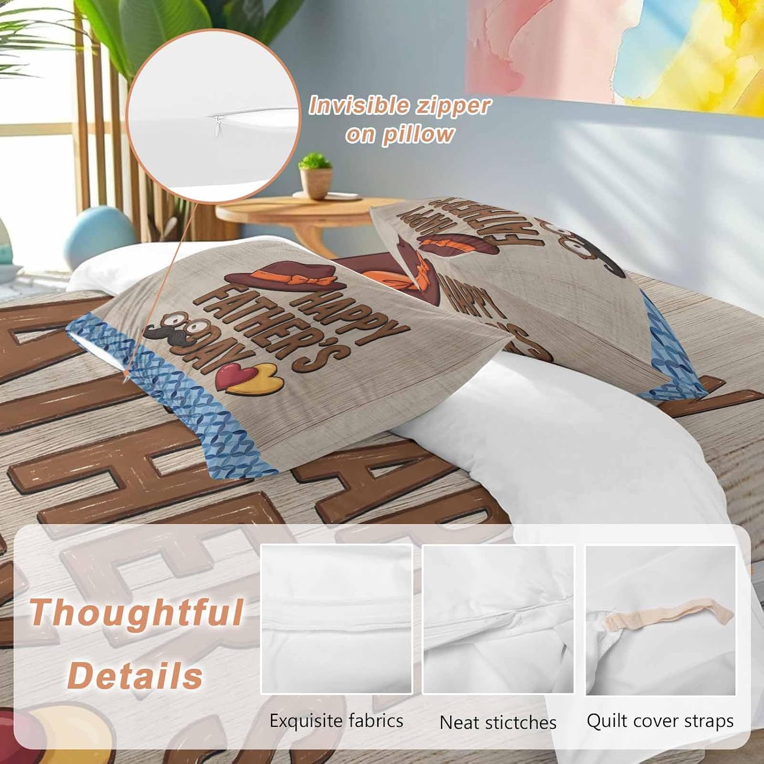 Prime Leader Father's Day Duvet Cover Set Queen Size 4 Pieces Wood Grain Retro Love Heart Hat Brown Blue Bedding Set with Zipper Closure, 1 Comforter Cover 86x86 Inches 1 Flat Sheet & 2 Pillow Cases
