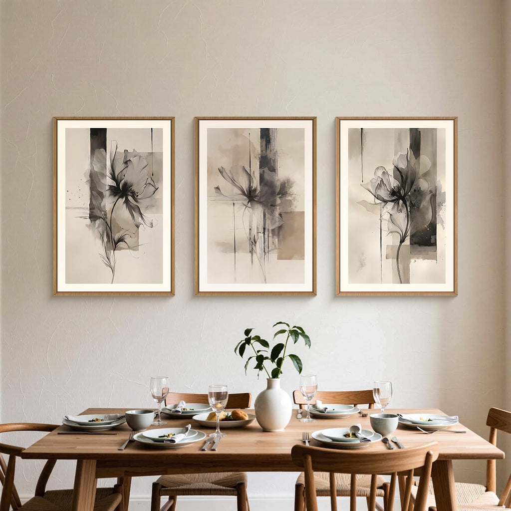 FWIEXA Large Black Beige Floral Canvas Wall Art Set 3, Neutral Abstract Florals Framed Prints, Brushstroke Geometry Line Paintings, 24x36In Watercolor Ink Artwork Poster for Farmhouse, Living Room, Bedroom, Office