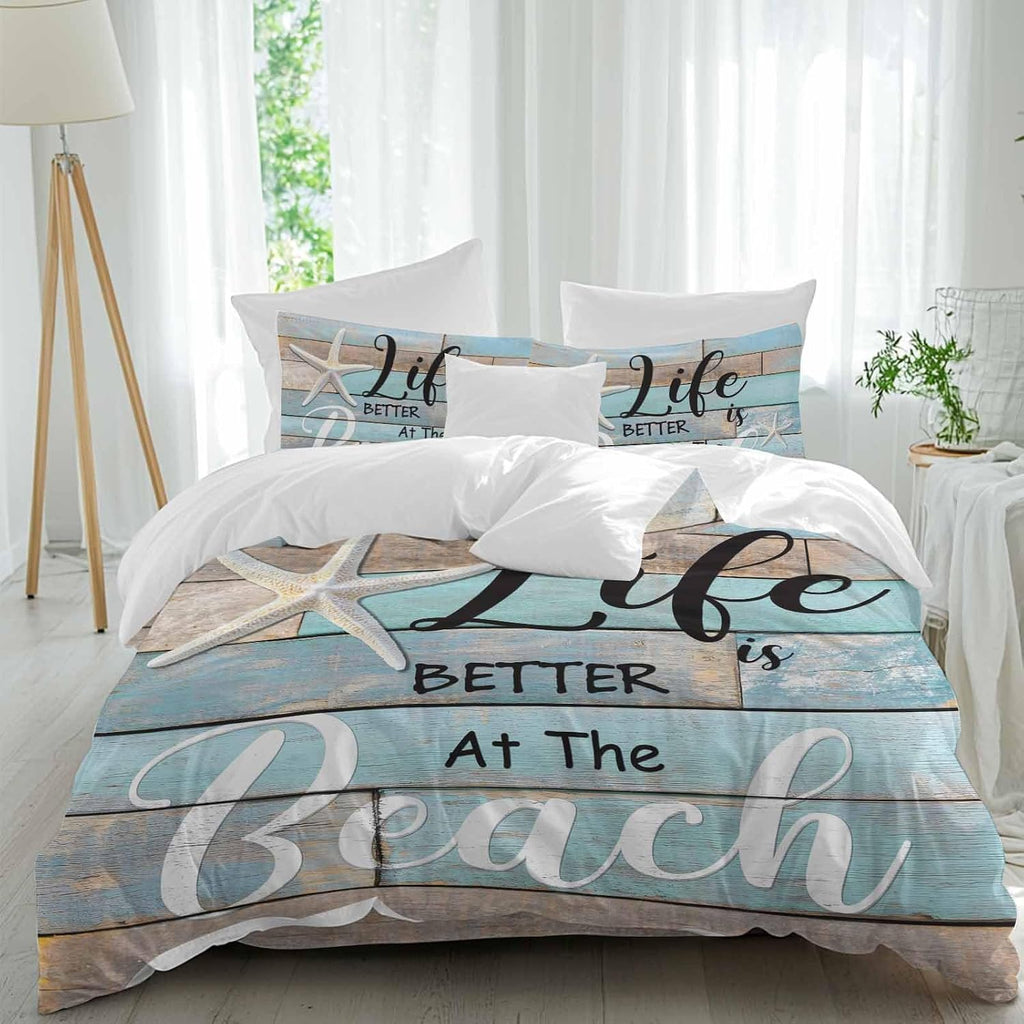 Life Is Duvet Cover Set Queen Size 4 Pieces Better at The Beach Summer Starfish Teal Wood Grain Bedding Set with Zipper Closure, 1 Comforter Cover 90x92 Inches 1 Flat Sheet & 2 Pillow Cases