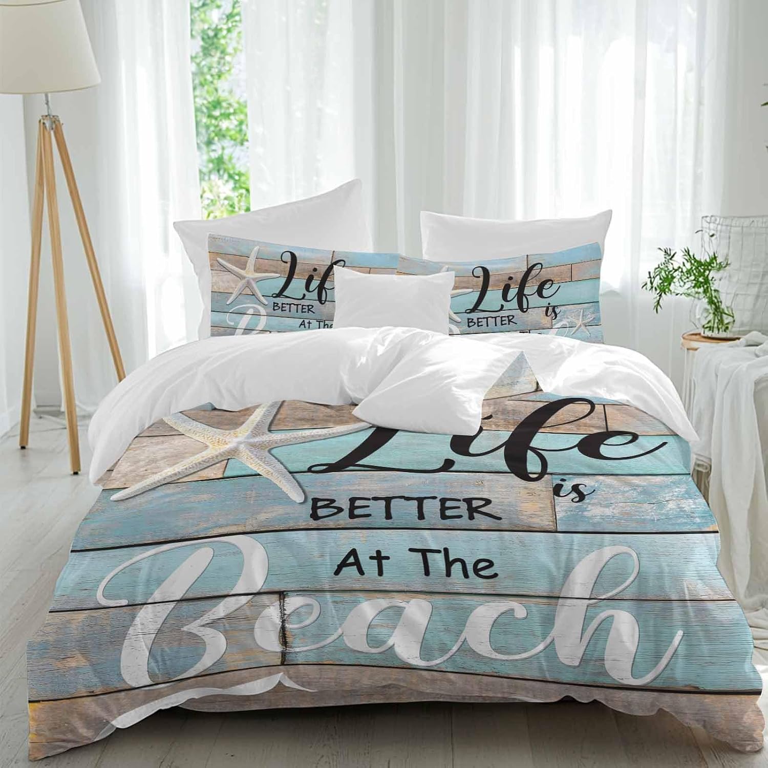 Life Is Duvet Cover Set Queen Size 4 Pieces Better at The Beach Summer Starfish Teal Wood Grain Bedding Set with Zipper Closure, 1 Comforter Cover 90x92 Inches 1 Flat Sheet & 2 Pillow Cases