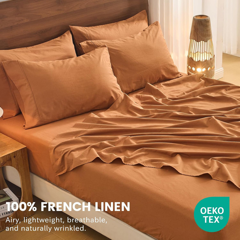 Bedlifes 100% French Flax Linen Sheets Set Queen Size - 6 Piece Extra Deep Pocket 18-24',Soft Breathable Queen Bed Sheets with Temperature Regulating & Moisture-Wicking(Brown