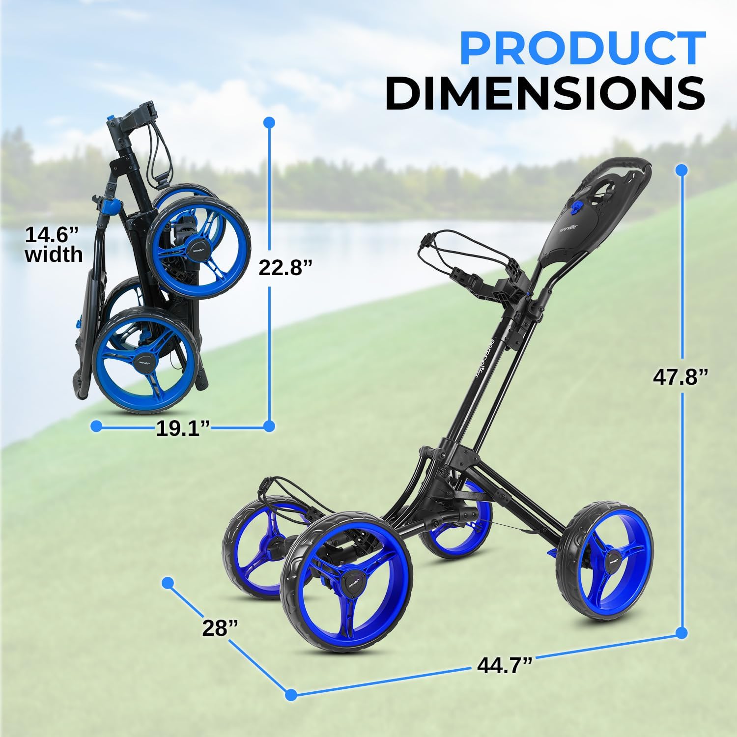SereneLife Golf Cart Lightweight Foldable Golf Push Cart - Aluminum Folding Trolley with Adjustable Handle, Elastic Bag Straps, Dual Brakes, Scorecard & Cup Holders for Easy Maneuverability